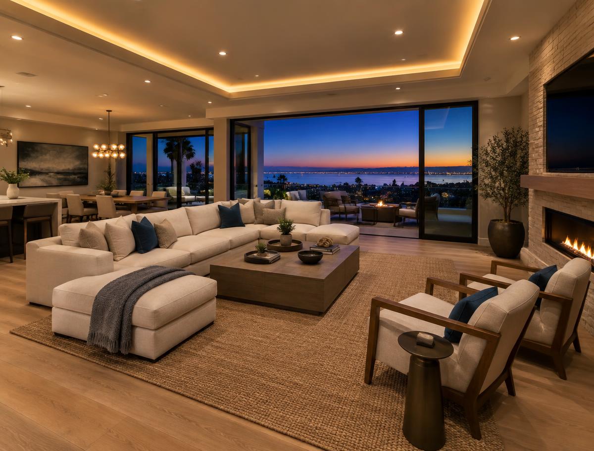 Modern living room lit by recessed ceiling lights and warm LED cove lighting at dusk