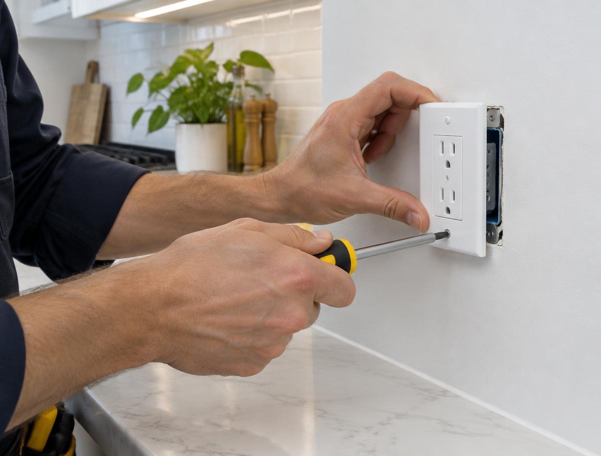 Electrician's hands fastening a new wall outlet in a kitchen