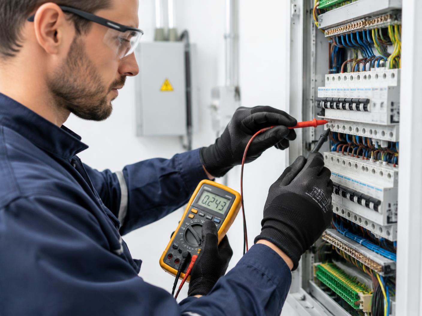 Electrician working inside an open residential electrical panel
