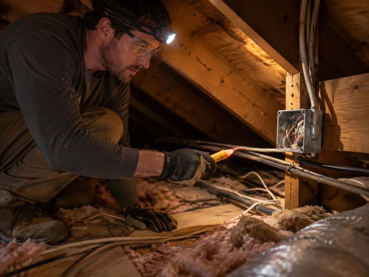 Electrician with a headlamp tracing wiring in an attic to find a hidden fault