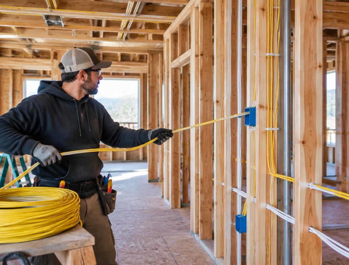Electrician pulling cable through the wood framing of a building under construction